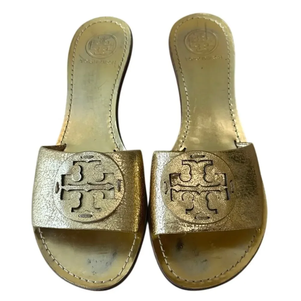 Tory Burch Aerin Metallic Gold Kitten Heel Slides 8.5